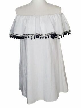 Aqua White Off-Shoulder Mini Dress with Pom Pom Trim